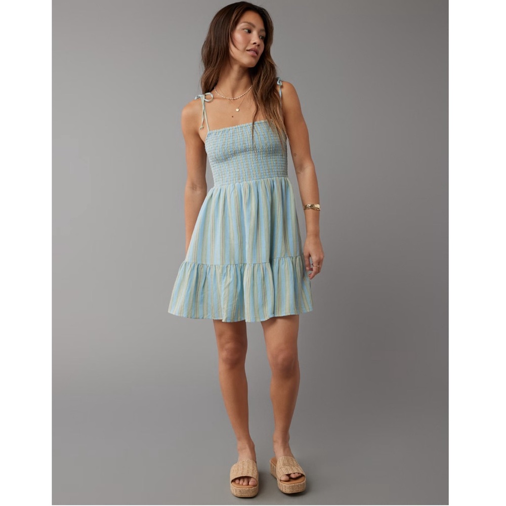 American Eagle Outfitters Blue and Yellow Tiered Ruffled Sundress